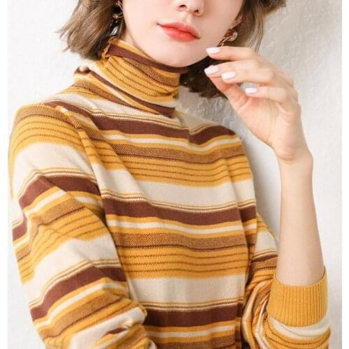 Women sweaters high quality autumn clothing for female turtleneck pullovers Solid color full sleeve knitted girl stripe tops