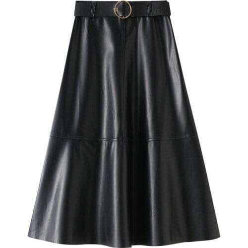 2020 Winter PU Leather Skirts For Women Vintage Mid Calf A Line Skirts Lady Retro Zipper Closed Waist Flared Bottoms With Belt