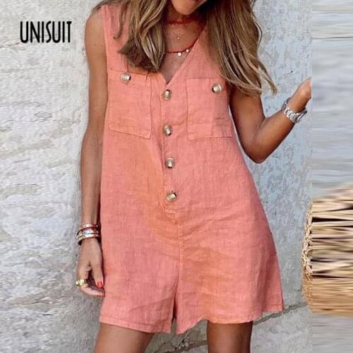 Casual Summer Women Deep V-Neck Playsuits Elegant Cotton Linen Button Ladies Short Romper Fashion Solid Short Sleeve Playsuits