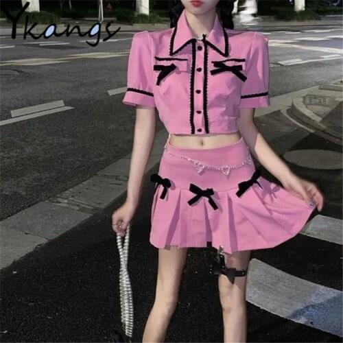 Goth Sexy Bow Short Sleeve Lapel Blouse Single Breasted Thin Tops Women Crop Top Short Shirt Mini High Waist Pleated Skirt Sets