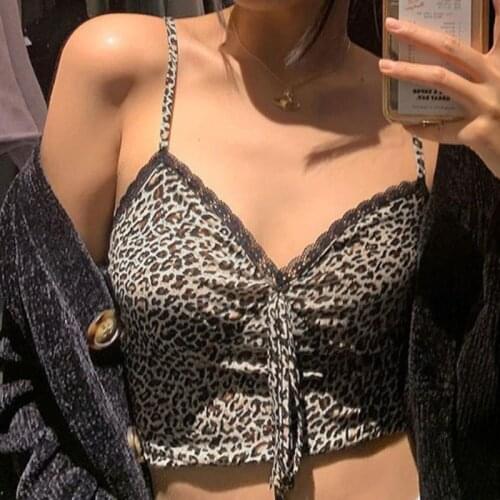 Women Sexy Y2k Spaghetti Strap V-neck Leopard Print Halter Camisole Top Vintage Lady Cottagecore Black Lace Patchwork Crop Top