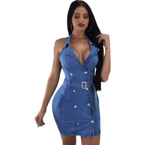 Blue Jean Dress Women Double Breasted Suit Collar Sexy Miniskirt Sleeveless Jean Dress 2021 Summer New Fashion Elegant Vestidos