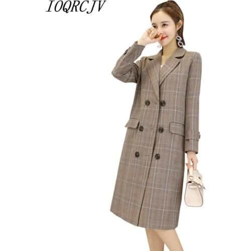 2018 Autumn Winter Plaid Retro Woolen Coats Female Wool Blend Warm Long Coat Overcoat Double-breasted Outerwear Womens S25