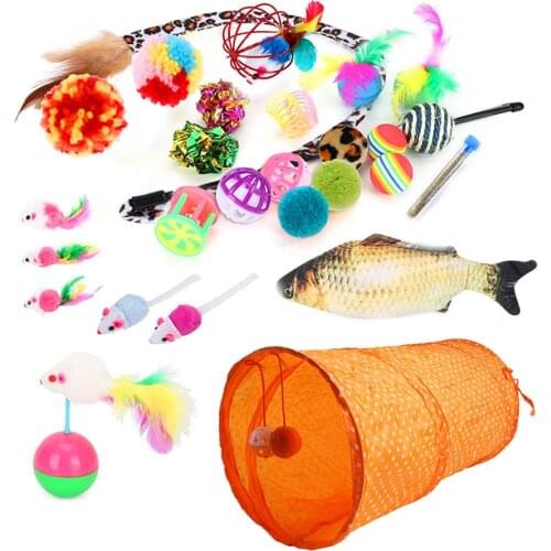 23Pcs Cat Toys Set Collapsible Tunnel Kitten Fun Play Toys Cat Feather Teaser Wand Fluffy Mouse Fish Crinkle Balls and Bells Toy