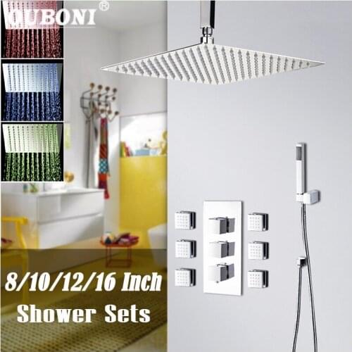 8/10/12/16 Inch LED Ultrl-Thin Shower Head Wall Mounted Square Chrome Brass Shower Set Rainfall Bathroom Shower Kit Hand Shower