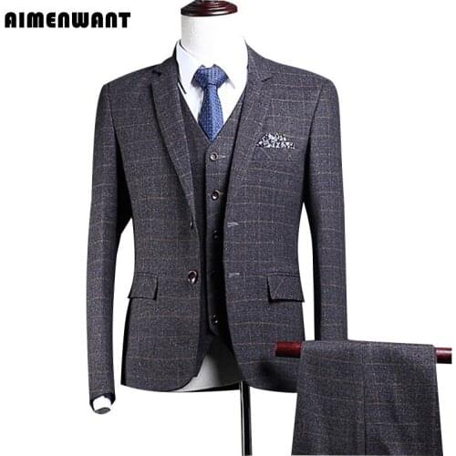 AIMENWANT Plaid Grey Suit Vintage Fitted Tailored Blazer For Men Single Breasted Blazer Suits Free Shipping Formal clothing