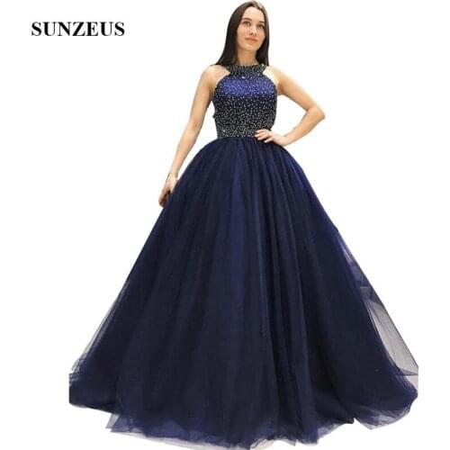 Ball Gown Navy Blue Tulle Prom Dresses Luxury Beaded Long Party Gowns Sexy Backless Haute Couture Sweet 16 Dress Formal