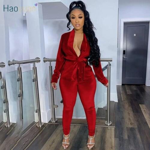 HAOYUAN Velvet Two Piece Set Button Up Bandage Tops Bodycon Pants Long Sleeve Fall Clothes Loungewear Outfits Club Matching Sets
