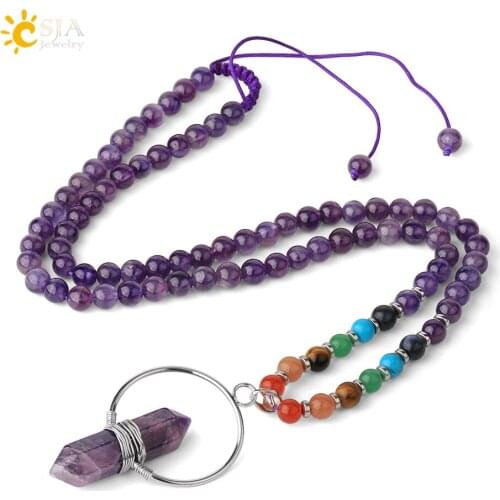 CSJA Natural Stone Strand Necklace 6mm Beads Reiki Chakra Hexagon Pillar Pendant Long Necklaces Sweater Chain for Women Men G390