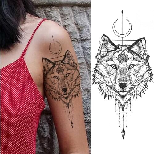 Black Wolf Temporary Tattoos Sticker Fake Jewelry Dot Pattern Tattoos Waterproof Moon Totem Beautiful Tattoo For Adult Body Art