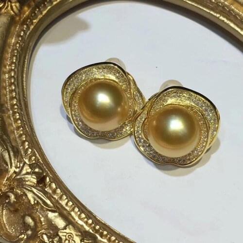 D509 Pearl Earrings Fine Jewelry Round 9-10mm Nature Fresh Water Golden Pearls Stud Earrings for Women Presents