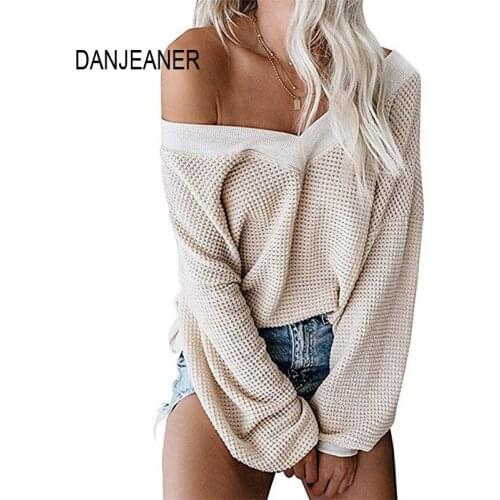 DANJEANER 2019 Autumn Knitted Sweater Women Sexy V Neck Off Shoulder Solid Pullovers Oversized Sweaters Thin Jumper Pull Femme