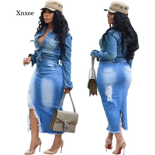 Women Distressed Jeans Skirts High Waist Trendy Retro Washed Irregular Fashion Ripped Split Denim Elastic Bodycon Long Skirt