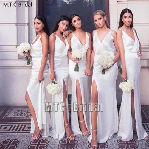 Elegant White Mermaid Long Bridesmaid Dresses With Slit V Neck Floor Length Shine Satin Plus Size Maid Of Honor Dress Wholesale