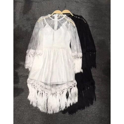 Cutseber Elegant black white lace tassel dresses women Vintage long sleeve vestidos 2018 Autumn women bandage party club dress