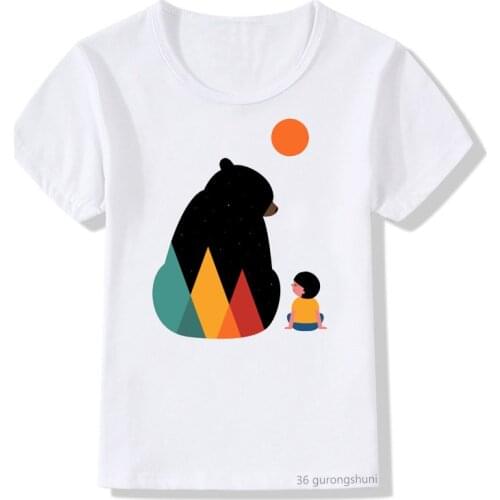 Love Boys and Girls New T-shirt Panda and Little Boy Watching The Sunrise Cartoon Print Kids T Shirt Summer Tops Casual White