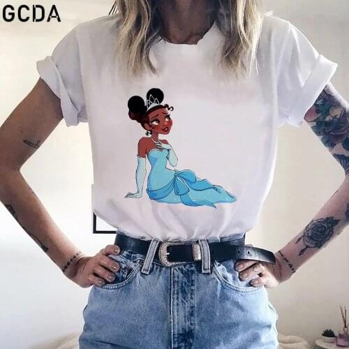 Disney Cartoon Tiana Mickey Ear Hat The Princess and the Frog Tshirt Tops Casual Women T-shirt Streetwear Harajuku Girls T shirt