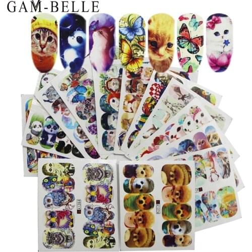 GAM-BELLE 1 Sheet Cute Animal Design Nail Stickers Water Transfer Full Cover Decals Nails Decoration Christmas Tattoo Manicure