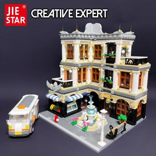 JIESTAR Creatoring Expert Street View The Fountain Square Moc Moduler House Building Blocks Bricks Model Toys 89113 Corner Caffe