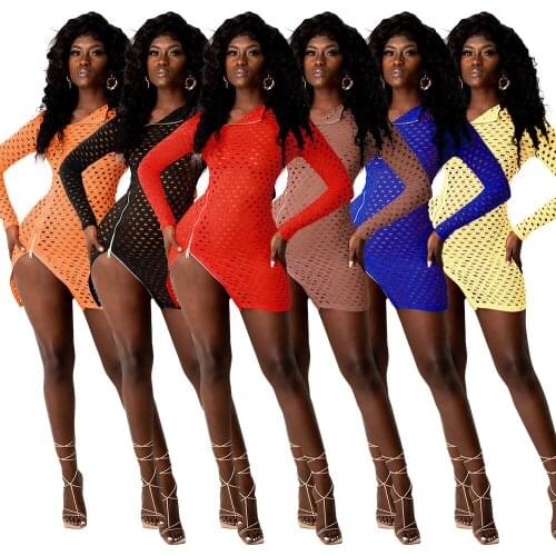 Cutubly Full Sleeve Dress Slim Hollow Out See Through Mini Dresses For Women Casual Solid Zipper Slit Autumn Vestidos Party Club