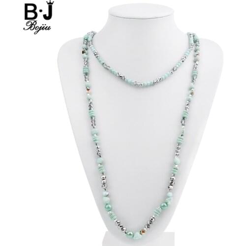Multilayer Boho Long Sweater Chain Necklaces Women Natural Turquoises Stone Faceted Crystal Beads Lady Statement Necklace NKS239