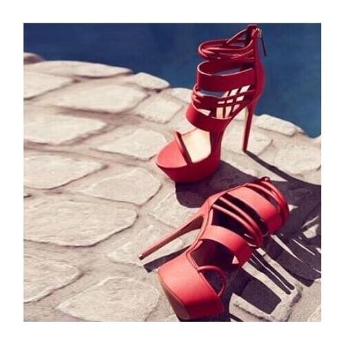 Fashion Red Leather Strappy Platform Pumps Peep Toe High Heels Cross Strap Zipper Cage Shoes Hollow