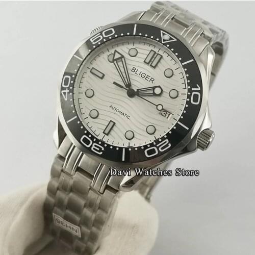 Bliger Sterile 41mm Sapphire Crystal Mens Watch Japan NH35 Movement Date White Dial Luminous Automatic Mechanical Wristwatch