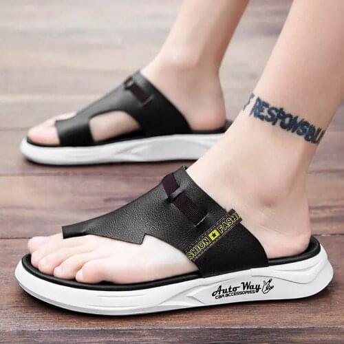 Mens Summer Sandals Clip Toe Leather Hollow Casual Sandals Waterproof Breathable Antiskid Flat Bottomed Beach Shoes Slippers