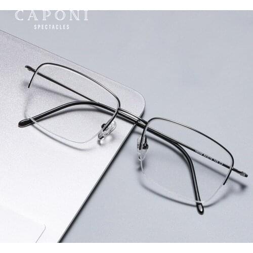 CAPONI Pure Titanium Men Optical Glasses Classic Square Semi-Rimless Frame Glasses Anti Blue Ray Protection Eye Glasses JF16049