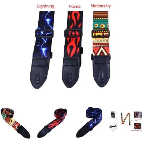 New Pu Leather Guitar Strap Adjustable Belt Lightning Flame Pattern For Bass Folk Acoustic Guitar Electric Guitar Music Accessor
