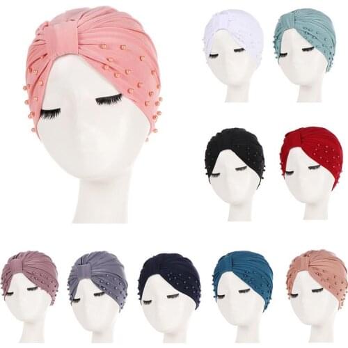 New Solid Fashion Women Cotton Solid Color Beading Ruffle Turban Elastic Muslim Hat Chemo Cap Head Wrap Beanie Hijabs Hat