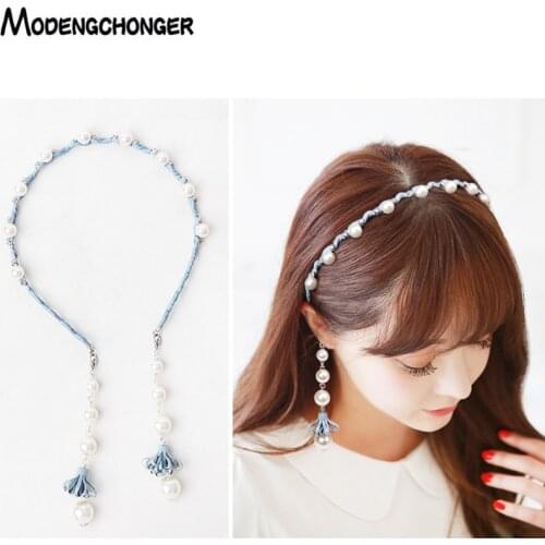 Sweet Flowers Pearls Hair Bezel Tassel Earring Hair Hoop Hairbands Streamer Pandent Headband For Women Girls Hair Accessories