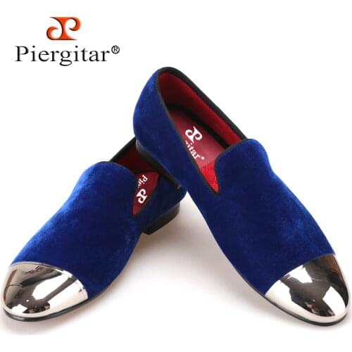 Piergitar black and blue velvet men shoes with gold and sliver toe metal Fashion Prom and banquet men loafers handmade male flat