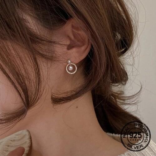 S925 Silver Needle Round Zircon Pearl Stud Earrings For Women Geometric Simple Korea Fashion New Hot Sale Female Jewelry INEFFA