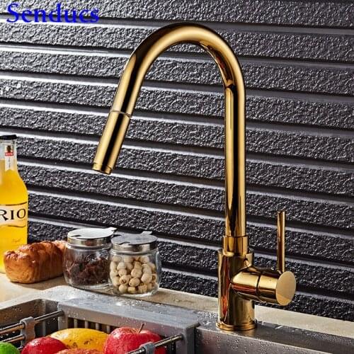 Senducs Gold Pull Down Kitchen Faucet Quality Brass Kitchen Sink Mixer Tap Fashion Home Hot Cold Kitchen Tap Golden Water Tap