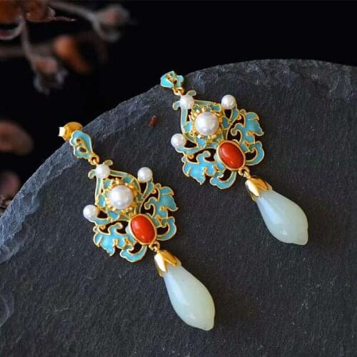 S925 Sterling Silver Magnolia Antique Earrings Chinese Style Ancient Costume Earrings Burnt Blue Ethnic Style Natural Hetian Whi