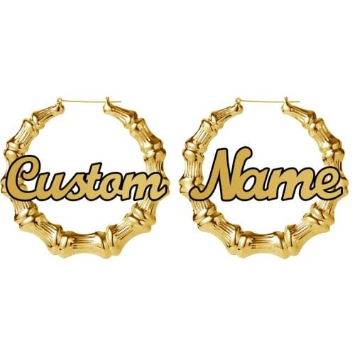 Personalized Bamboo Two Tone Name Earrings Hip Hop Gold Plated customized name Hoop Earring With Statement Words 30mm - 100mm