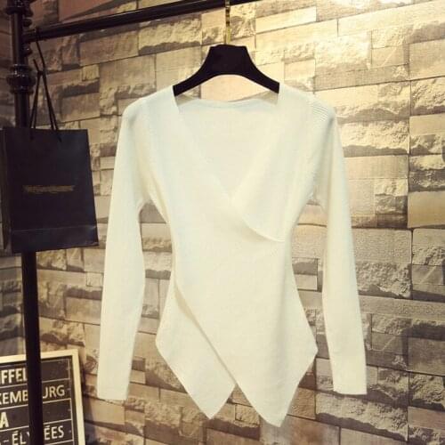 Irregular Knitted Women Sweaters And Pullovers V-Neck Solid Slim Sexy Office Lady Elegant Pulls Outwear Coat Tops