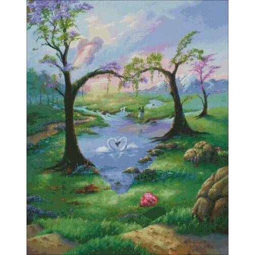 Needlework, Seven hearts tree scenery swan love Embroidery,DIY 14CT Cross stitch kits,Pattern counted Cross-Stitching decor