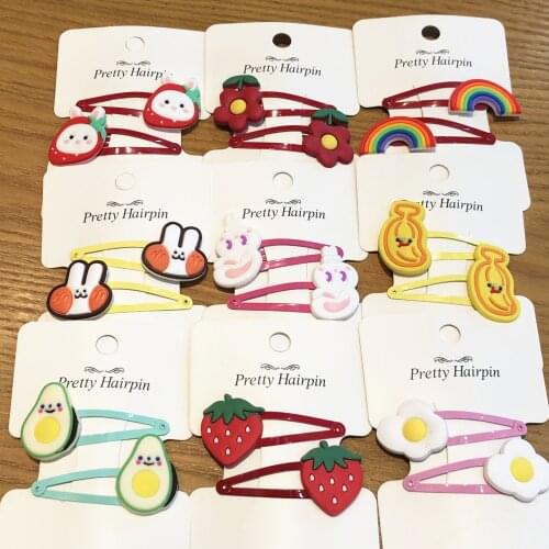 2PCS/Set Cartoon Rabbit Strawberry Hair Pins PVC Metal Hair Clips Fruit Egg Banana Icon Head Wear Girls Gifts Hair Decoration