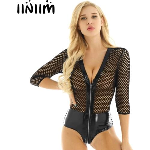 Womens See Through Fishnet Bodycon Faux Leather Splice 3/4 Sleeve High Cut Front Zipper Teddy Bodysuit Nightwear Dance Clubwear