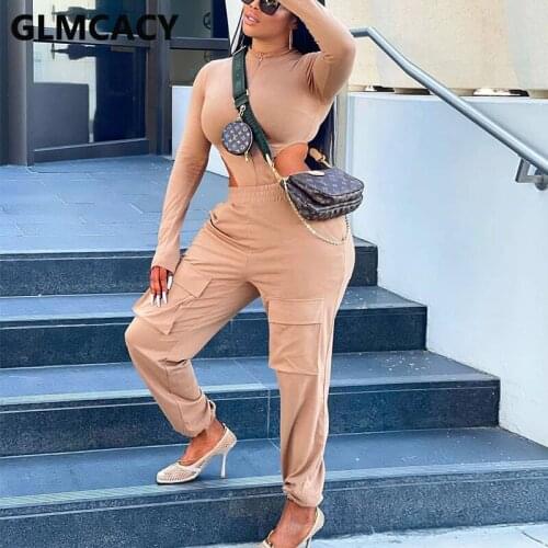 Women Two Piece Chic Streetwear Suits Long Sleeve Bodysuit & Cargo Pants Set