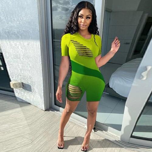 Gradient Color Fitness Rompers Womens Jumpsuit Sexy Hollow Out Short Sleeve Beach Playsuit Streetwear Body-shaping Slim Outfit