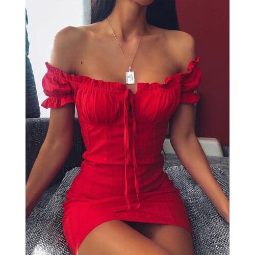 Off Shoulder Smocked Bodycon Dress Women Strapless Ruffles Mini Red Dresses Ladies Short Party Club Dress Vestidos