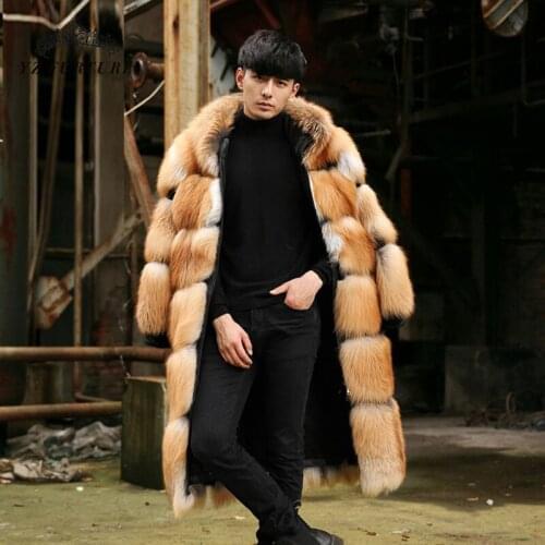 2020 Natural Real Red Fox Fur Coat Men Winter Luxury 110 CM Long Pelt Fox Fur Jacket Genuine Thick Warm Coat With Hood FM-001