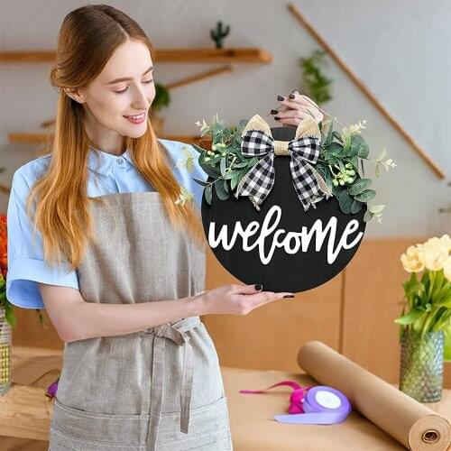 2021 Welcome Sign Wreath Front Door Hanger with Bow 12inch Round Outdoor Hanging Vertical Sign Home Garden Decoration