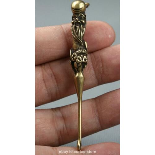 3" Curio Chinese Bronze Taoism Longevity God Shou Star Earpick Small Pendant 12g