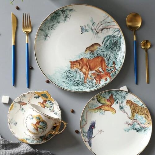 White Porcelain Service Plate Forest Plate Animal Tray Western Foodware Set Dessert Cake Plate Fruit Steak Suit Dinnerware Set