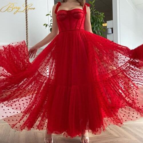 Berylove Red Dot Prom Dresses Long Bow Straps A Line Tiered Evening Dresses Sweetheart Elegant Party Gown Tulle Robe de soiree