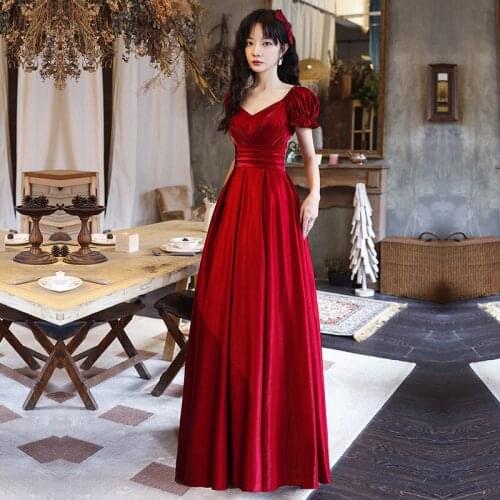 Elegant Square Collar Burgundy Puff Sleeve A-Line Evening Dress Cheongsam Back Bandage Prom Fomail Gown Vestidos De Noche